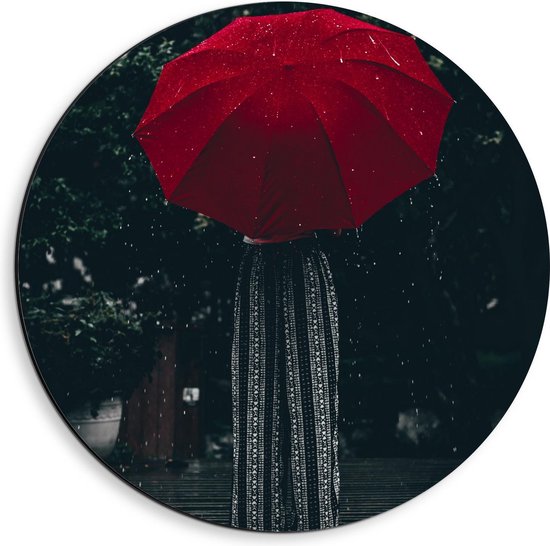 Dibond Wandcirkel - Meisje onder Rode Paraplu - 40x40cm Foto op Aluminium Wandcirkel (met ophangsysteem)