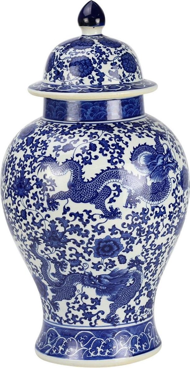 Fine Asianliving Chinese Gemberpot Porselein Blauw-Wit Handgeschilderd Draak D27xH51cm
