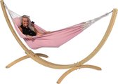 Hangmat met Standaard Eénpersoons 'Wood & Natural' Pink | Complete hangmatset | Bevestiging inclusief | 120 KG | 352 CM | Polycotton + Vurenhout (FSC® Mix) | 1% For The Planet | Tropilex