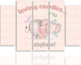 Schilderij , Loving Candies , Olifant , 4 maten , 5 luik , multikleur , wanddecoratie , Premium print , XXL