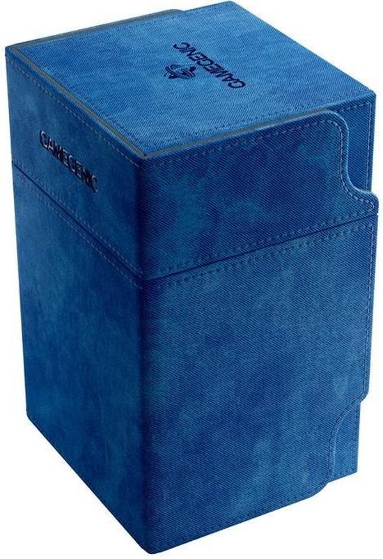 Blauwe, gesloten Gamegenic deckbox met logo.