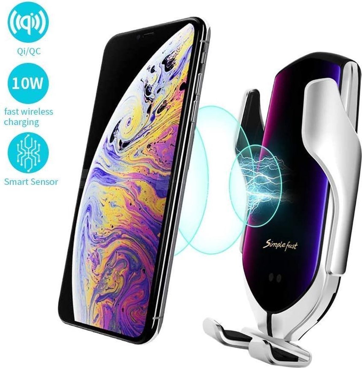 Auto Oplader Draadloos - Wireless Charger - Telefoonhouder - Draadloos Opladen Smartphone - Telefoon Houder Met Autolader iPhone 12 / 11 / Pro / Mini Max / Xs / Xs Max / XR / X /8 / 7 / Samsung Galaxy Note 9 / 10 / 20 / S10 / S20 Plus Ultra - zilver