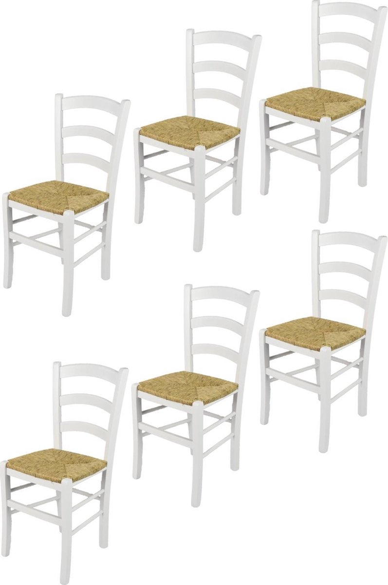 Tommychairs Venezia - Eetkamerstoelen - Set van 6 - Wit - Rotan & Hout