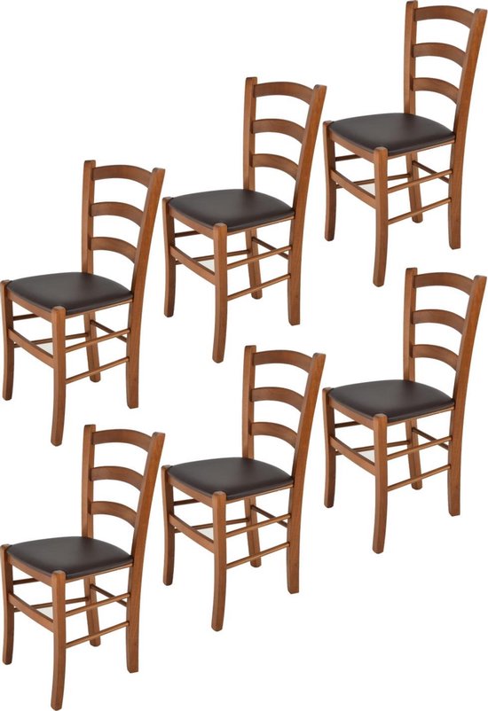 Tommychairs - Ensemble de 6 chaises modèle Venise. Très approprié pour la cuisine, la salle à manger, mais aussi pour la restauration. Structure en bois de noyer, avec assise en simili cuir couleur moka