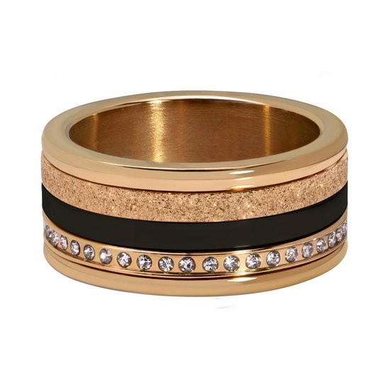 Quiges Ladies Stacking Ring Set Acier Inoxydable Plaqué Or Rosé et Céramique Zwart - Taille 17 - Hauteur 6mm - SRS018R17