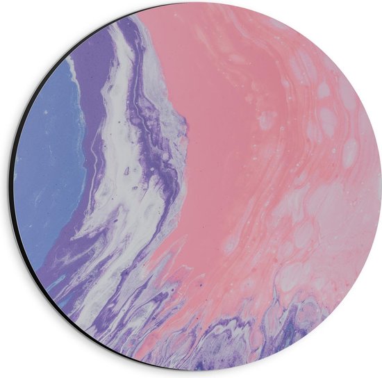 Dibond Wandcirkel - Blauw/Paarse/Roze Verf - 20x20cm Foto op Aluminium Wandcirkel (met ophangsysteem)