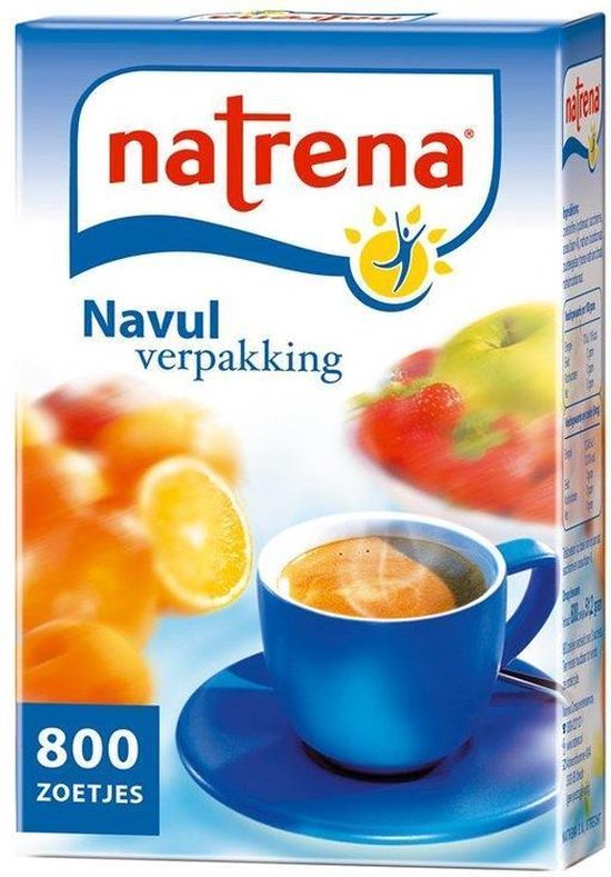 Blauwe doos Natrena Navulverpakking met sinaasappels, aardbeien en appel, met 800 zoetjes.