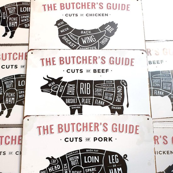 3x Butcher's guide | dé complete set | rund + kip + varken | metalen wandborden | bbq | 20 x 30cm | binnen en buiten
