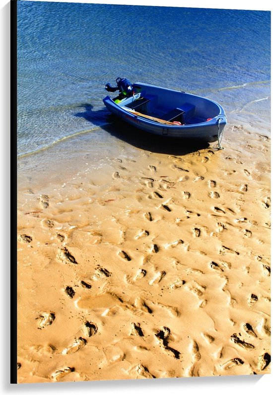 Canvas - Blauw Bootje aan de Blauwe Zee - Foto op Canvas Schilderij (Wanddecoratie op Canvas)