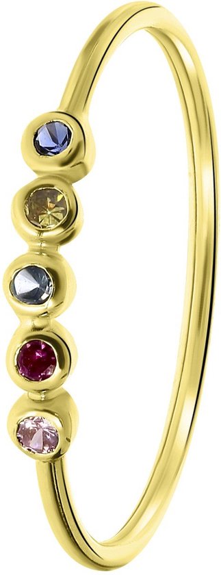 Lucardi Dames Ring 5 multicolor zirkonia's - Ring - Cadeau - 14 Karaat Goud - Geelgoud