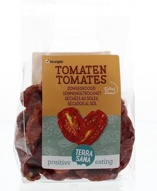 Zak met zongedroogde tomaten. Het label toont 'TOMATEN TOMATES' en een afbeelding van twee halve tomaten.