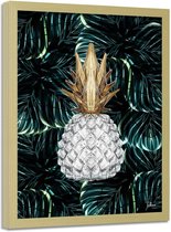 Foto in frame , Witte ananas op tropisch groen , 70x100cm , wit groen geel , wanddecoratie