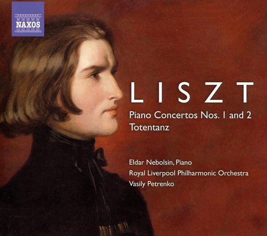 Portret van Franz Liszt in profiel, met de tekst "LISZT Piano Concertos Nos. I and 2 Totentanz"