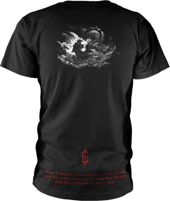 Zwarte Emperor t-shirt, achterkant met een illustratie van een persoon die een draak bevecht, en de tekst "AND I LOOKED, AND BEHOLD A PALE HORSE AND HIS NAME THAT SAT UPON HIM WAS DEATH AND HELL FOLLOWED WITH HIM".