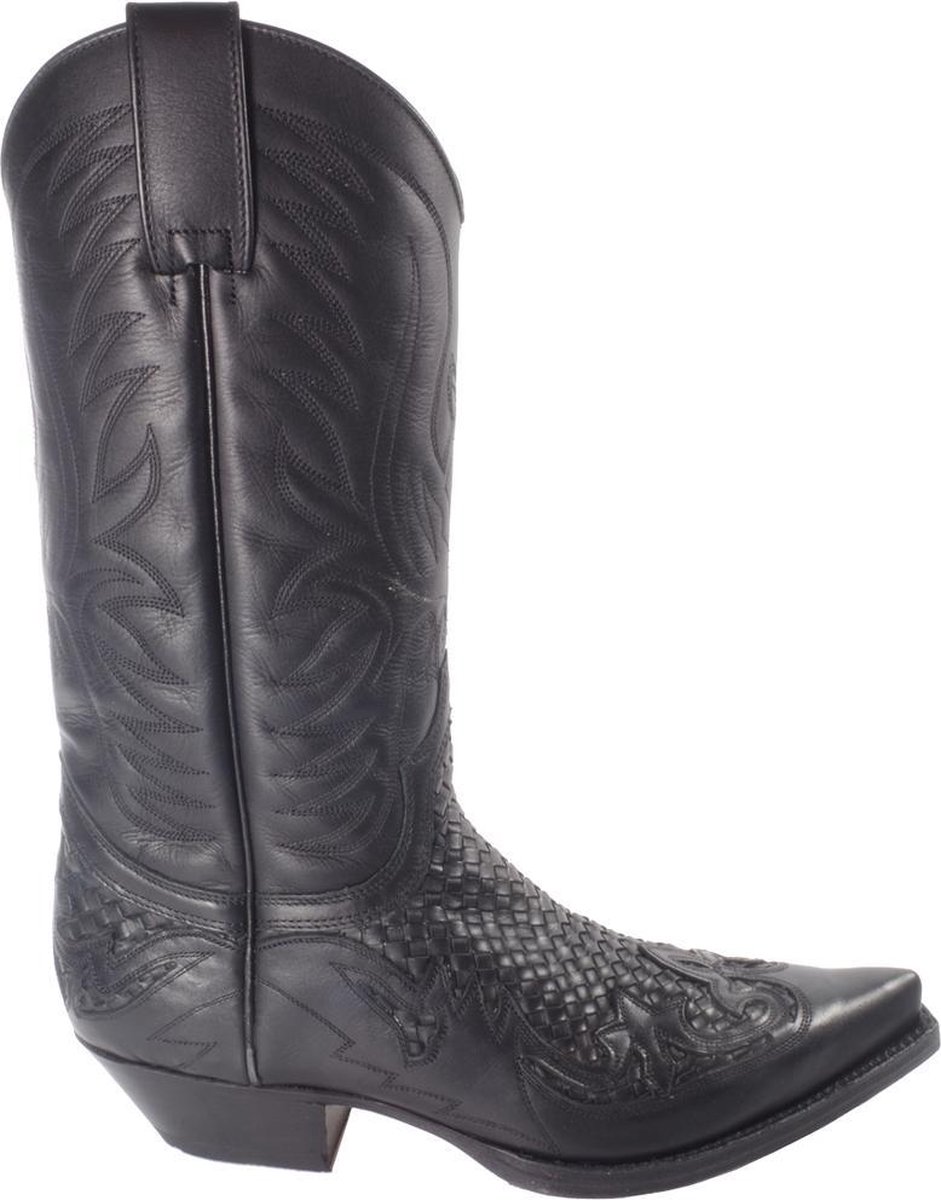 Sendra Boots 3241 Trenzado Cuervo West Zwart Handgemaakt Spitse Cowboy Laarzen Heren Schuine hak Lederen Zool Gevlochten Wreef Echt Leer Maat 43