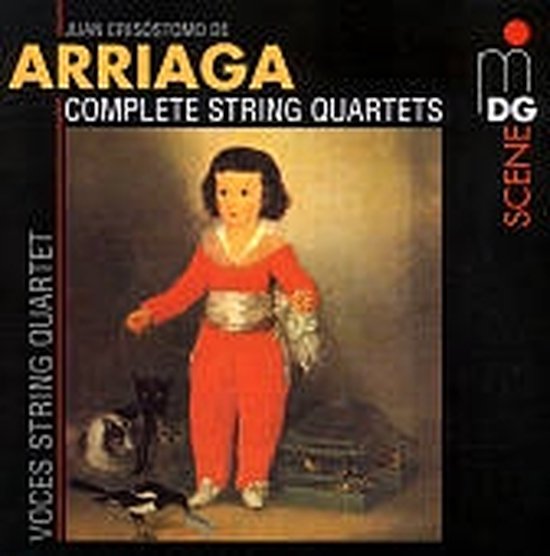 CD hoes met 'Juan Crisóstomo de Arriaga: Complete String Quartets' en schilderij van een kind met dier en vogelkooi.