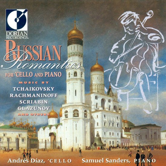 Albumhoes met 'Russian Romantics for 'Cello and Piano' met een tekening van een cellist en het Kremlin op de achtergrond.