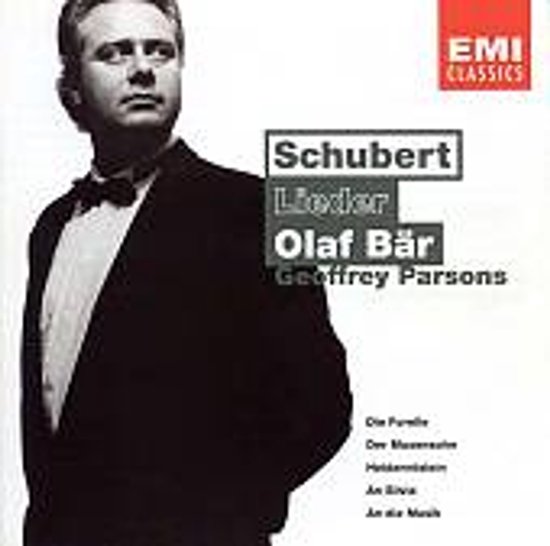 Olaf Bär in zwart pak en strik op albumhoes voor Schubert Lieder.