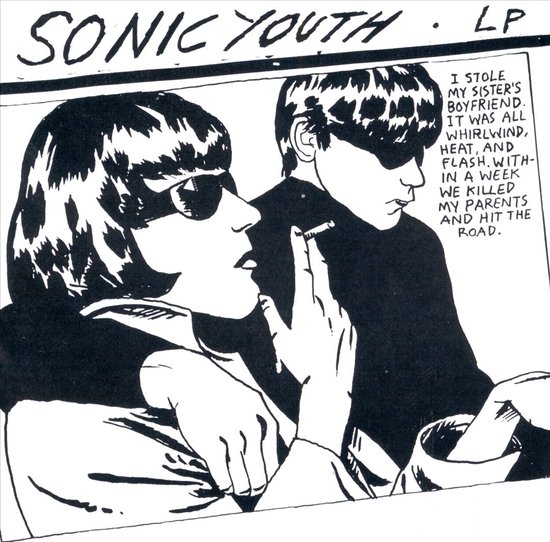 Sonic Youth LP met twee figuren, vrouw rookt, tekst 'I stole my sister's boyfriend'.