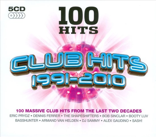 5 CD hoes: '100 Hits Club Hits 1991-2010' met roze en blauwe tekst op een witte achtergrond.