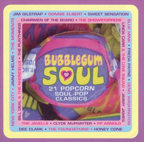 Compact disc hoes met tekst 'Bubblegum Soul'. Met gele, roze, paarse en blauwe cirkels.