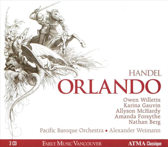 CD-hoes voor Handel's Orlando met een ets van een ridder op een paard die vecht tegen een draak.