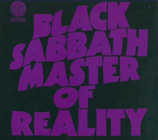 Vertigo logo naast paarse tekst "BLACK SABBATH MASTER OF REALITY" op een zwarte achtergrond.