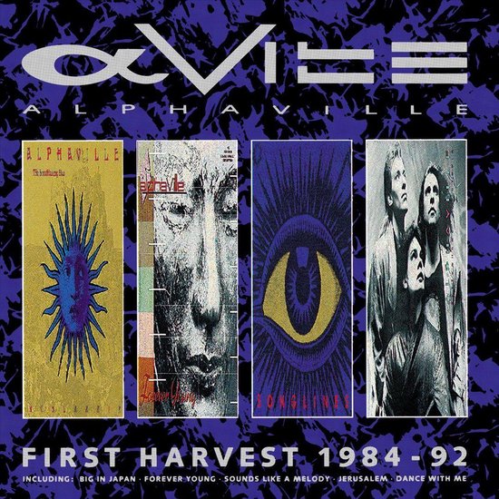 Albumhoes met vier afbeeldingen: zon met blauwe stralen, gezicht, oog en groep mensen. Titel 'FIRST HARVEST 1984-92'.