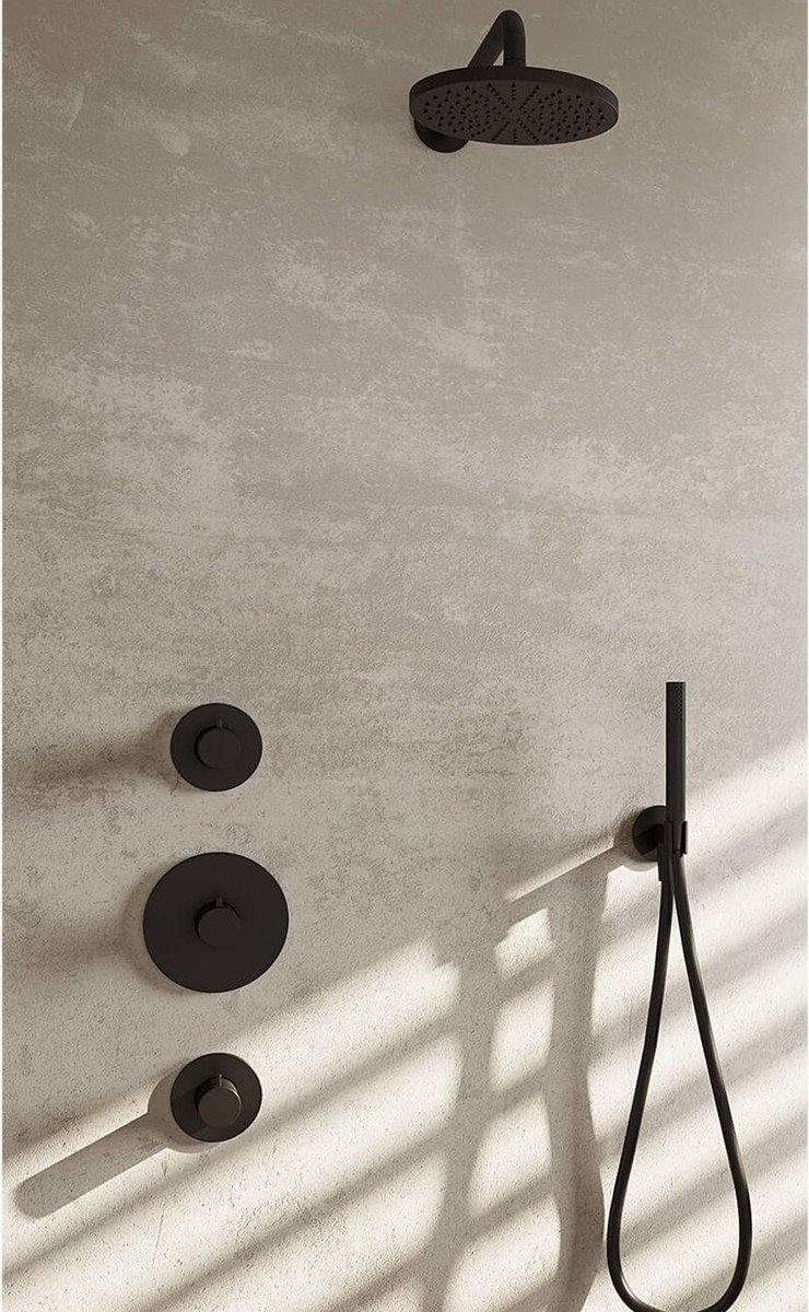 Hotbath Cobber - Inbouw Regendoucheset - Geborsteld Nikkel - 2 Stopkranen - Thermostatisch - Plafondbuis 15 cm - Hoofddouche 200 mm - Ronde Handdouche 3 Standen - Glijstang 900 mm - Waterbesparend