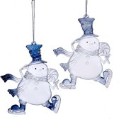 Set van twee heldere/blauwe plastic sneeuwmannen. Hoogte van elk ornament: 8 CM.