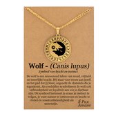 Wolf Yin Yang Ketting op Cadeau Kaartje Goudkleurig - Spirituele Talisman - Roestvrij Staal / Stainless Steel - Natuur & Balans - 60cm - Pax Amare