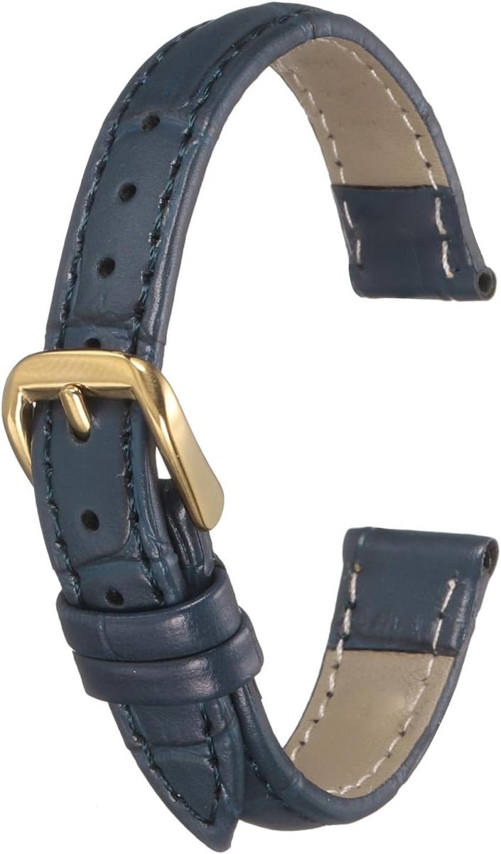 Allecto plus - Leren horlogeband 12 mm rundleer met reliëf patroon, blauw goud, vervanging voor mannen en vrouwen - incl. veerpennen