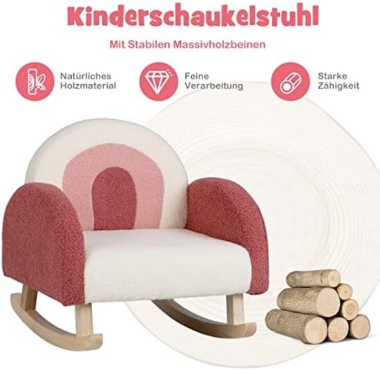 Kinder Schommelstoel Teddy Fluweel Rood Met Massief Houten Poten Anti-Kantel Design Mini Stoel Voor Kinderkamer Peuters 3-5 Jaar — afbeelding 5