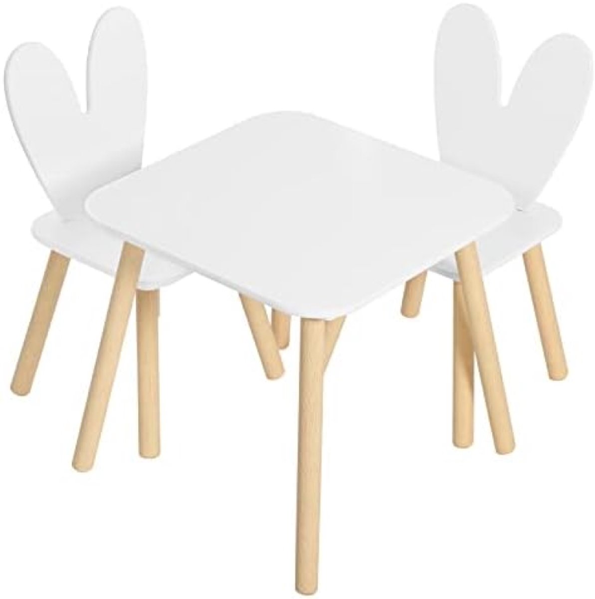 Kinderzitgroep met tafel en 2 stoelen, witte kindermeubels met konijnenoren rugleuning, massief houten poten, eet- en speeltafel voor kinderkamer en kleuterschool
