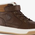 Bruine veterboot met klittenbandsluiting, bontkraag en logo.