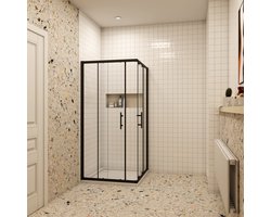 Aica volledige set douchecabine 90x90x195cm met dubbele schuifdeur 6mm easyclean gehard glas mat zwart mat zwart profiel inclusief wit douchebak