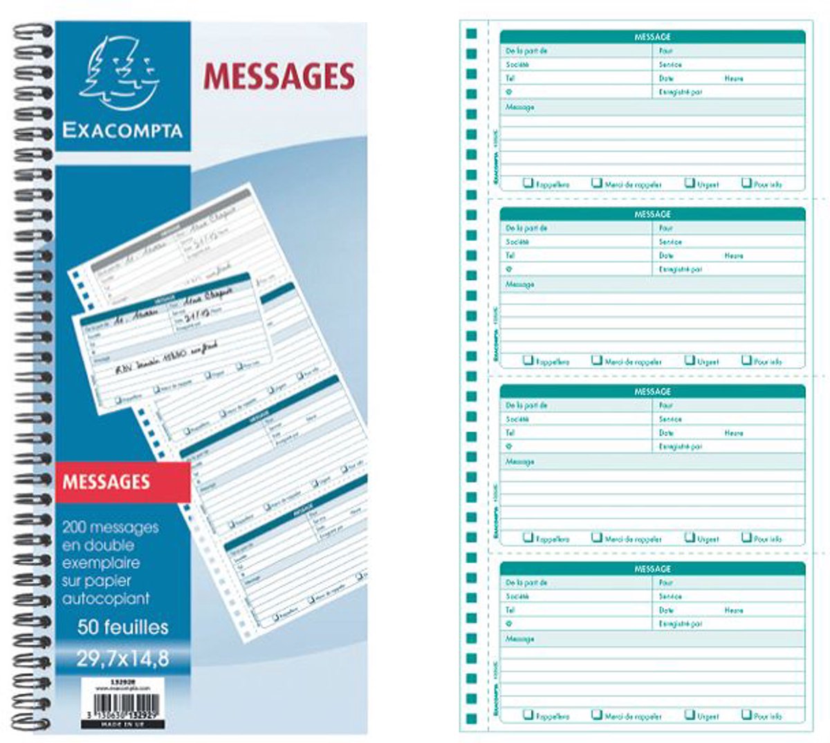 Exacompta Spiraalschrift 29,7x14,8cm - telefoonboodschappen (4 per blad) - 50 bladen dupli zelfkopiërend - - 13292E