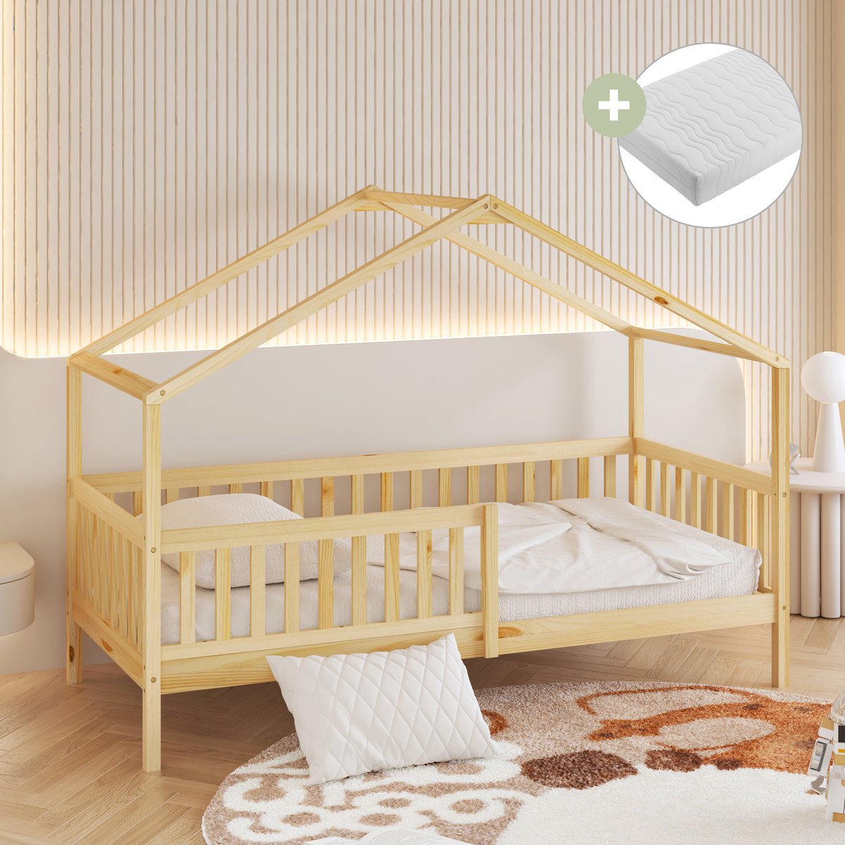 Sunny Kae Bedhuisje – Kinderbed Met Uitvalbeveiliging – 207 x 96 x 156,5 cm – Peuterbed Meisjes en Jongens – FSC 100% Hout – Huisbed 90x200 - Met Lattenbodem – Bedbank - Inclusief Matras – Naturel