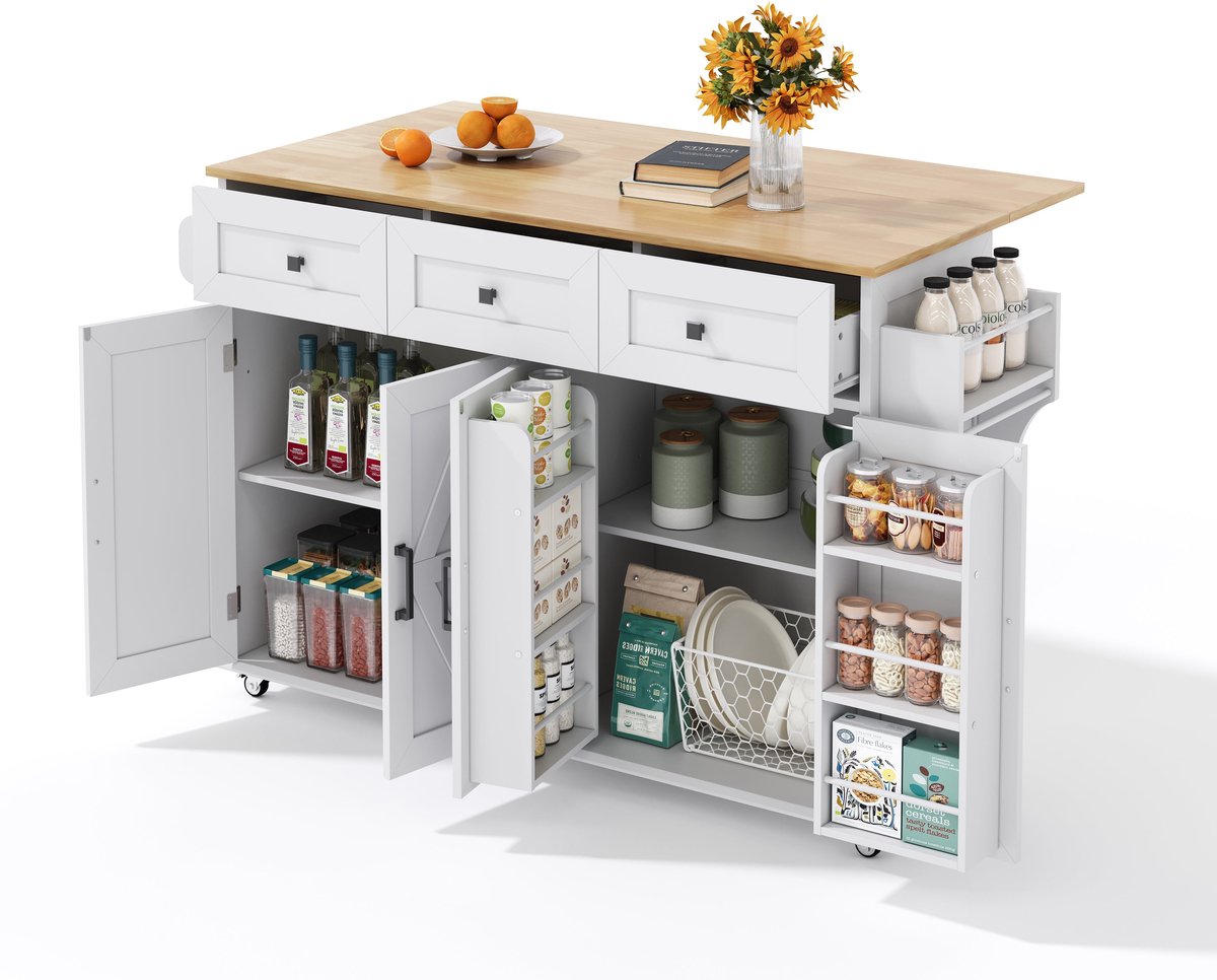 Merax Keukeneiland op Wielen – Uitklapbaar Werkblad 140x43(70)x90,5 cm – 4 Deuren – 3 Lades – Deurrekken – Dubbele Handdoekhouders – Wit met Hout Bruin Blad