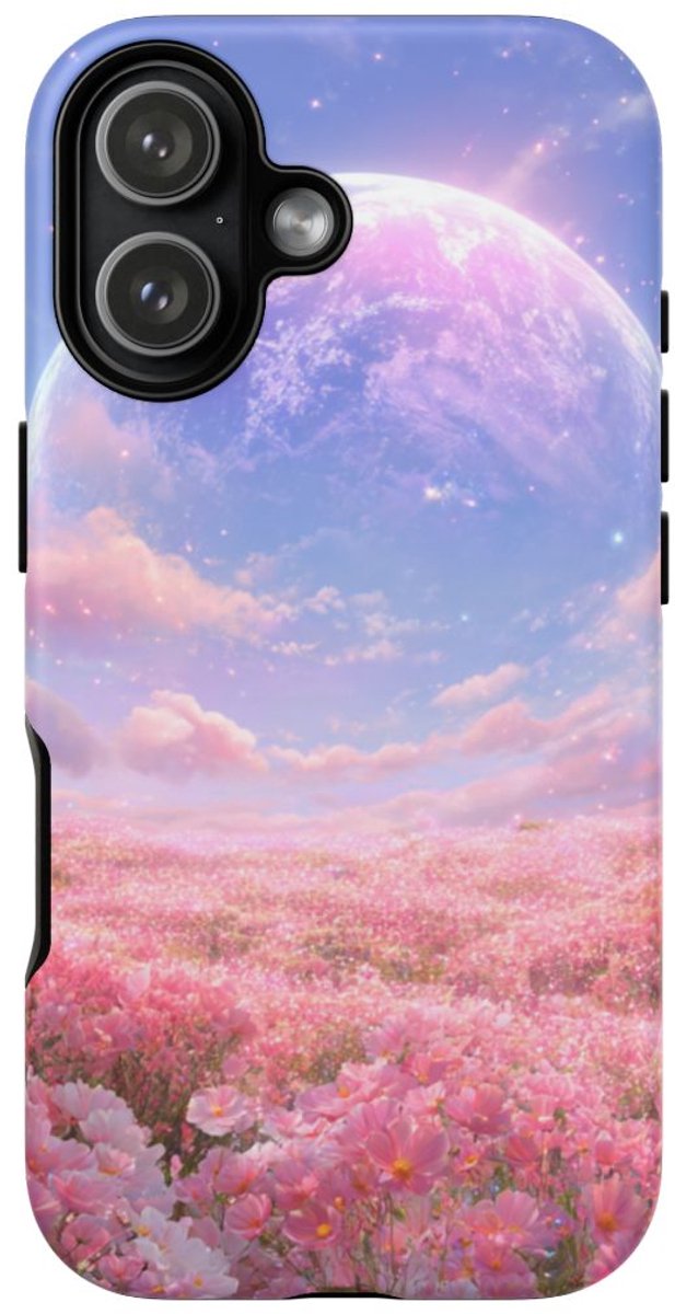 Roze Bloemenveld met Gloeiende Aarde – Telefoonhoesje Geschikt voor iPhone 17