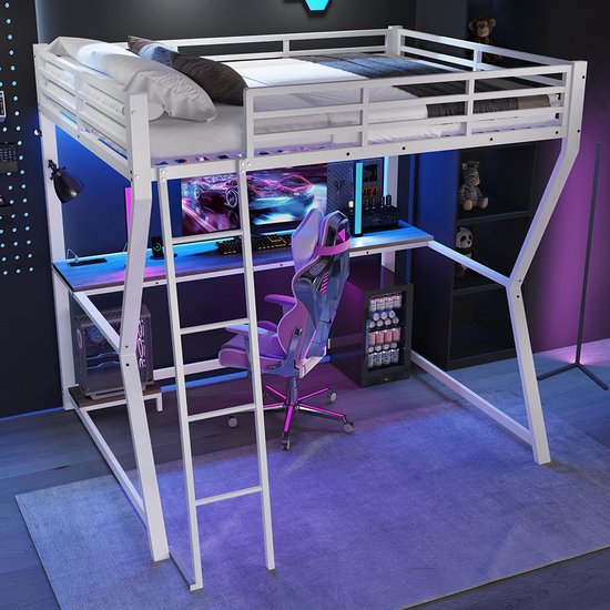 Lit mezzanine BLACKCOLORS, 140*200 cm, avec éclairage LED, étagère pour console d'ordinateur, bureau, prise de courant + USB, rampe, escalier, sans matelas, blanc