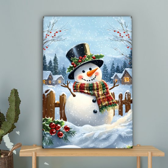 Tableau sur toile 60x90 cm - Décoration murale exclusive Bonhomme de neige - Village d'hiver - Coloré - Décoration murale salon - Décoration chambre - Accessoires de chambre - Peintures sur toile