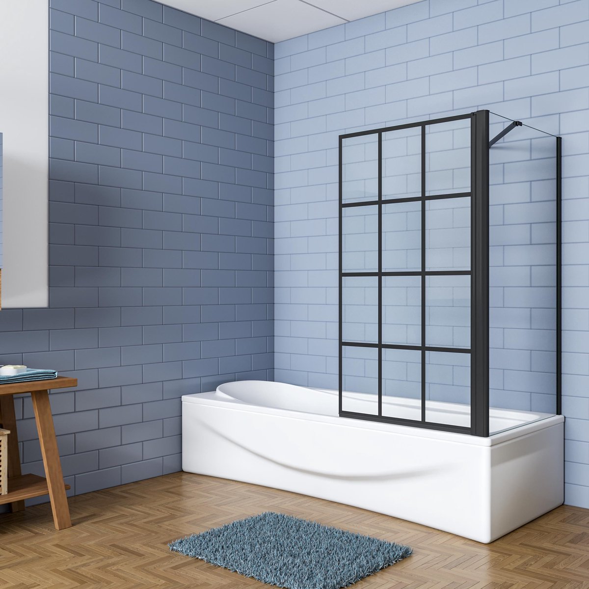 Aica Industriële Badwand 80x80x140cm -Draaibaar 6mm Zwart Gehard Glas met Regelmatig Blokpatroon-Mat Zwart Frame-Eenvoudige Montage
