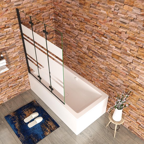 Paroi de baignoire scandinave Aica 140 x 140 cm, 3 parties, rabattable, verre trempé blanc satiné 6 mm, facile à nettoyer, noir mat, montage facile