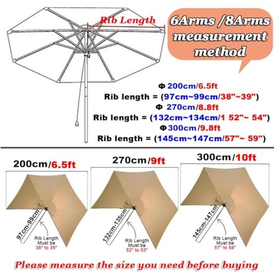 Vervangend Parasoldoek – UV30+, Waterbestendig, 270-350 Cm, Voor 6/8 Ribben, Geschikt Voor Tuin & Strand