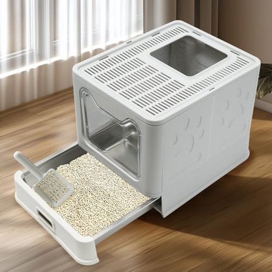 Metalen kattentoilet van roestvrij staal, 20 l, gemakkelijk te reinigen, spatwaterdicht, grote kattenbak met hoge zijkanten, huiskatten (wit
