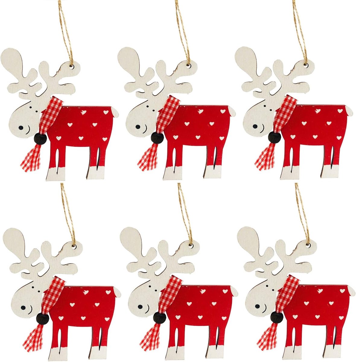Houten kerstversiering hangers met rendiermotief voor kerstboomdecoratie.