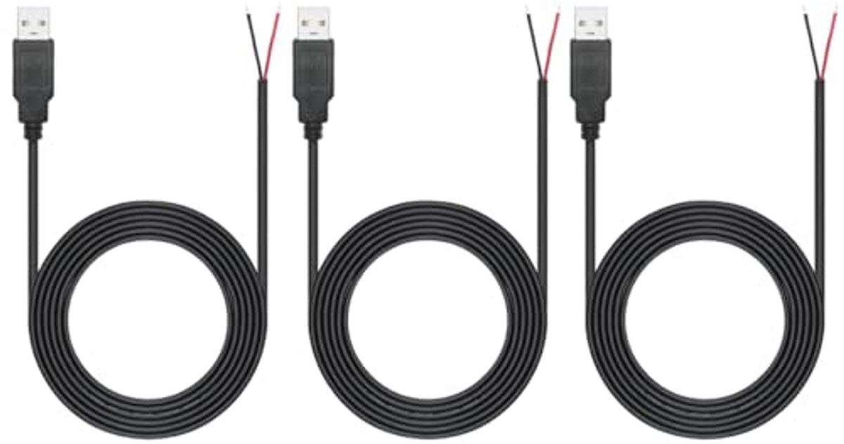 3 Stuks 2M USB Pigtail 2 Draads 22AWG Kabel - 2 Pins Blote Draad Uiteinde - 12V 3A Stekkervoedingskabel