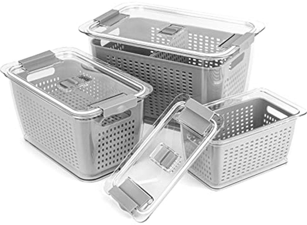 Koelkastorganizer Set van 3 - Voorraaddozen met Deksel en Vergiet (2 L, 4 L, 5,8 L)