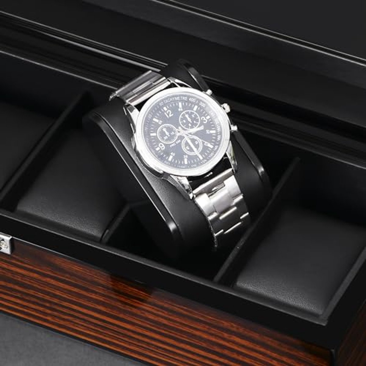 Hoogwaardige Houten Horlogedoos met 6 Sleuven en Glazen Deksel - Horloge Organizer voor Mannen